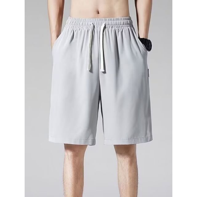 Cowpow-Drawstring Waist Plain Sweatshorts