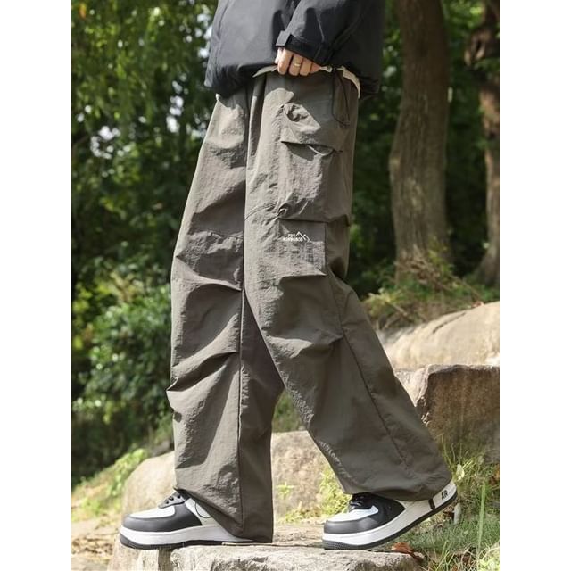 Cowpow-Drawstring Waist Plain Wide Leg Cargo Pants
