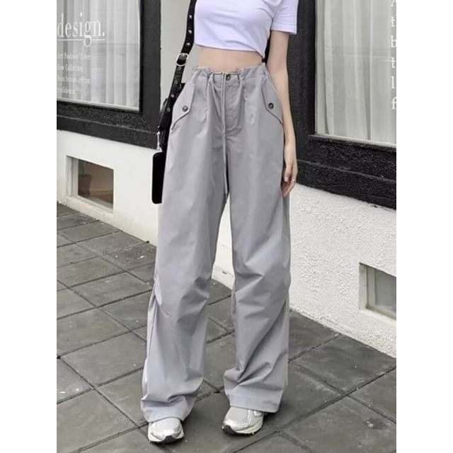 Cowpow-Drawstring Waist Plain Wide Leg Pants