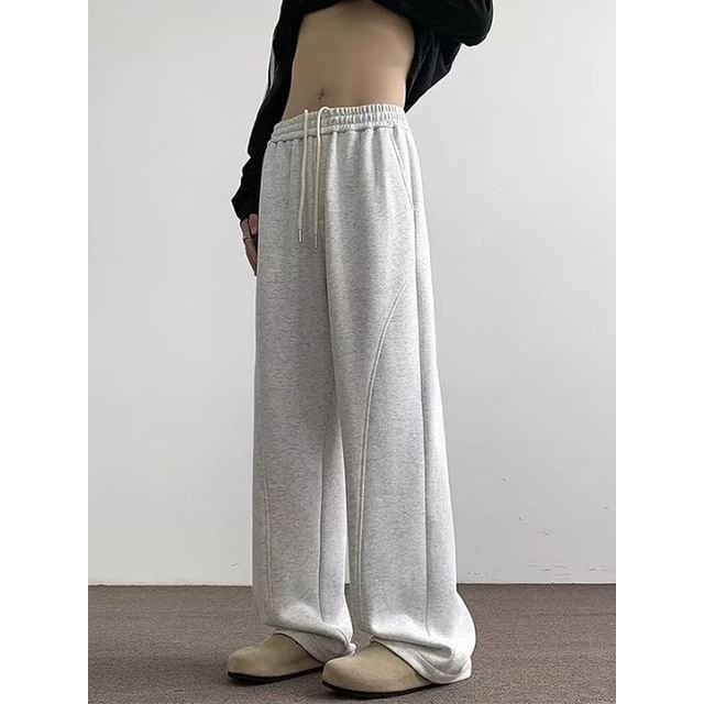 Cowpow-Drawstring Waist Plain Wide Leg Sweatpants