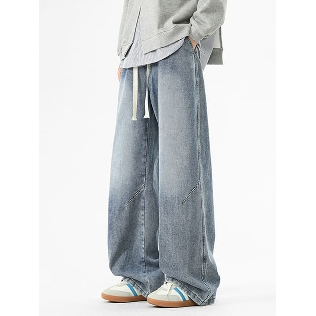 Cowpow-Drawstring Waist Washed Wide Leg Jeans