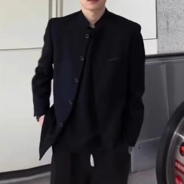 Cowpow-Mandarin Collar Plain Single-Breasted Blazer