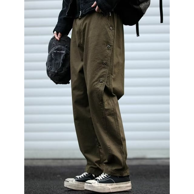 Cowpow-Mid Rise Plain Button Detail Tapered Pants