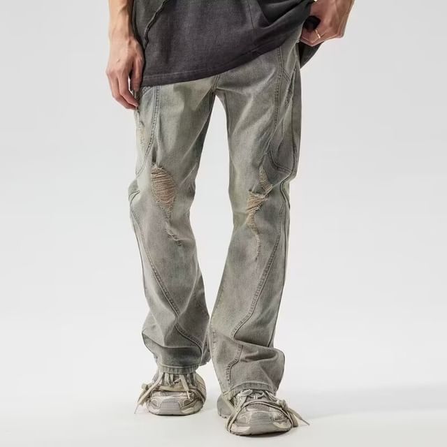 Cowpow-Mid Rise Washed Distressed Bootcut Jeans