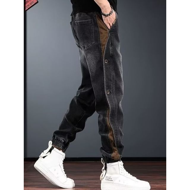 Cowpow-Mid Rise Washed Panel Tapered Jeans