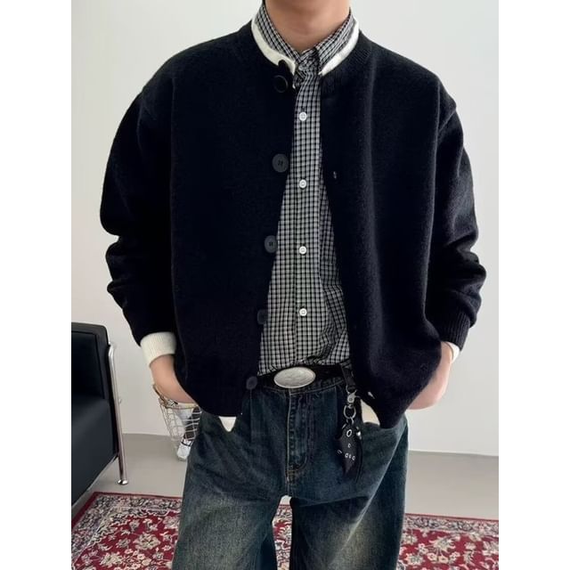Cowpow-Plain Contrast Trim Button Up Cardigan