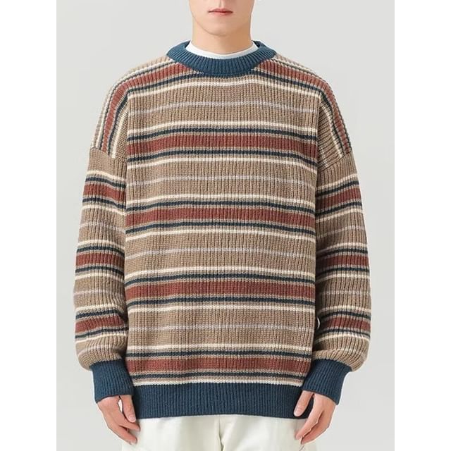 Cowpow-Round Neck Drop Shoulder Striped Sweater