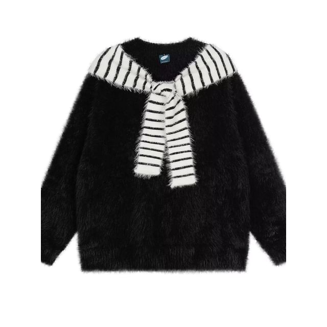 Cowpow-Round Neck Mock Two Piece Striped Panel Oversized Sweater