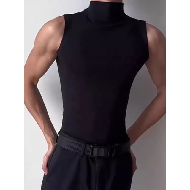 Cowpow-Sleeveless Mock Neck Plain Tank Top