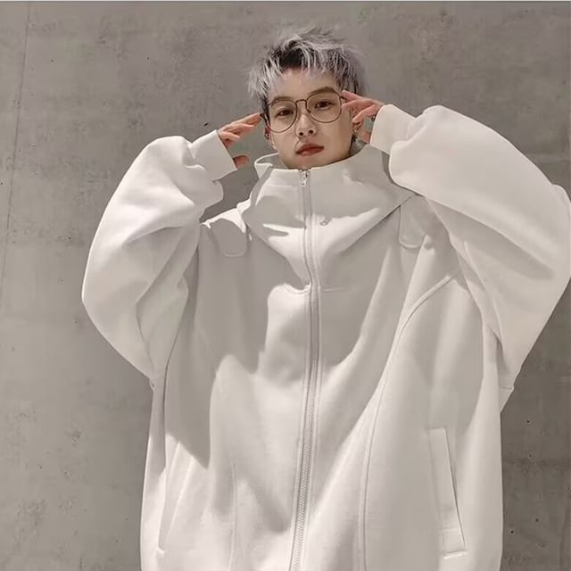 Cowpow-Stand Collar Plain Hooded Zip Jacket