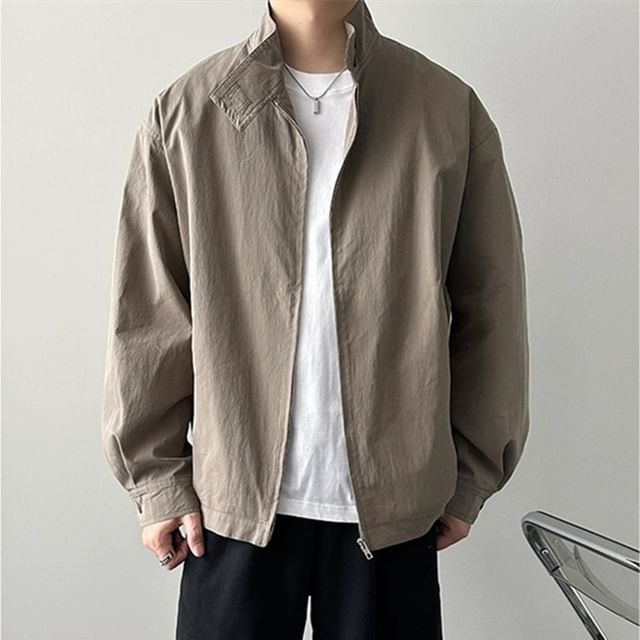 Cowpow-Stand Collar Plain Zip Jacket