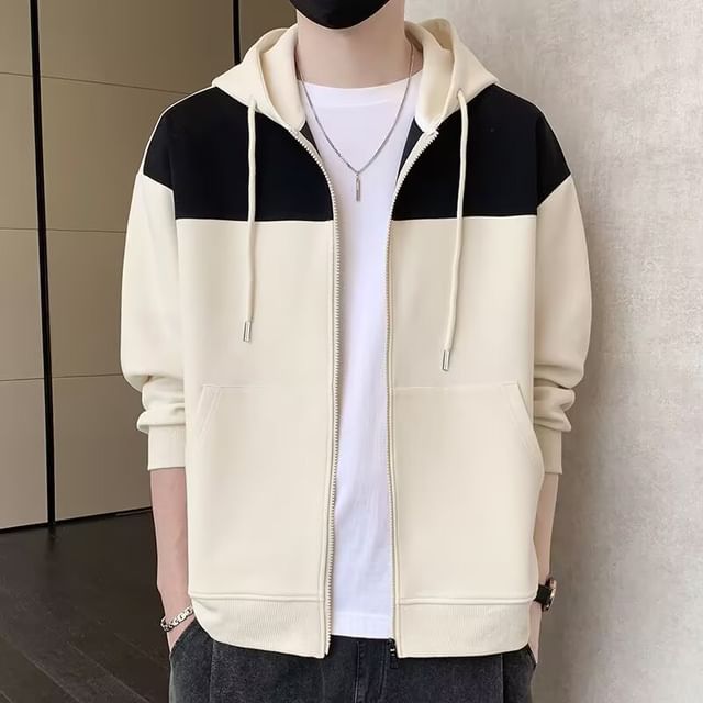 Cowpow-Two Tone Drawstring Zip Hoodie