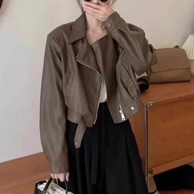 CRIBI-Collared Zip-Up Plain Faux Leather Crop Jacket
