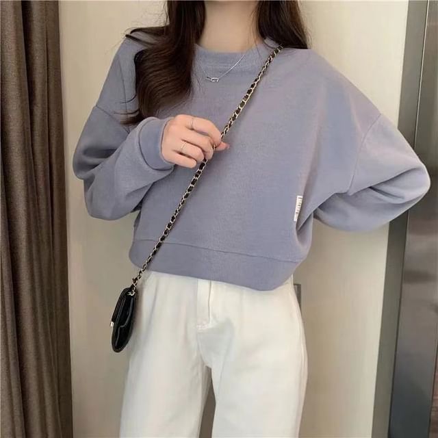 CRIBI-Crew Neck Plain Crop Sweatshirt