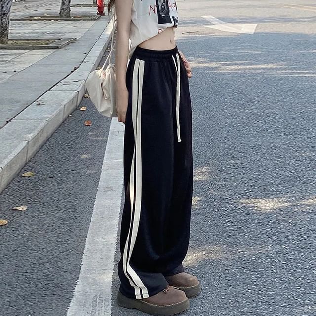CRIBI-Drawstring Waist Striped Side Wide Leg Sweatpants