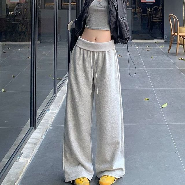 CRIBI-High Rise Plain Wide Leg Sweatpants