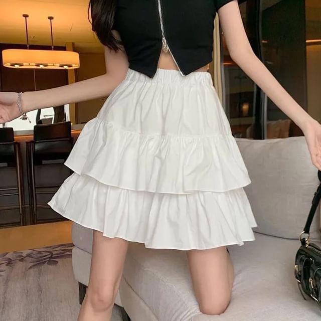 CRIBI-High Waist Plain Mini Tiered Skirt