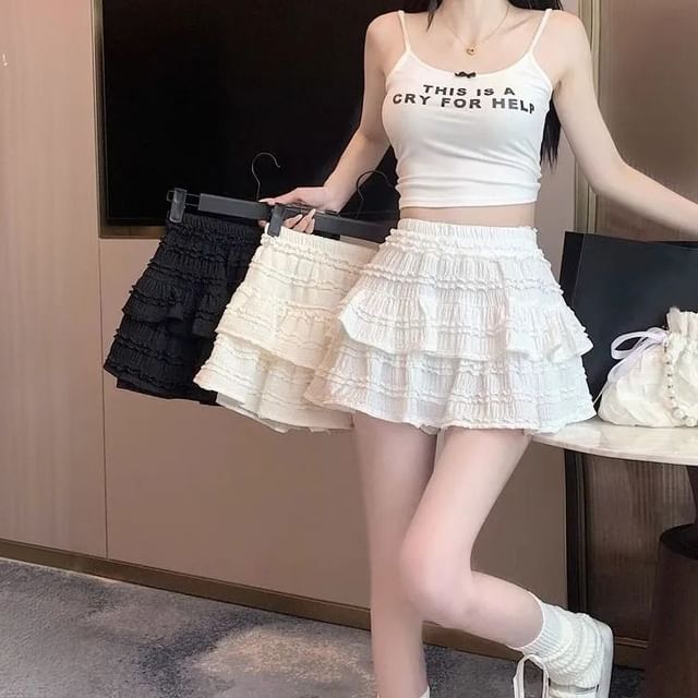 CRIBI-High Waist Plain Mini Tiered Skort
