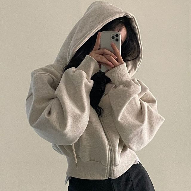CRIBI-Hooded Plain Crop Zip-Up Jacket