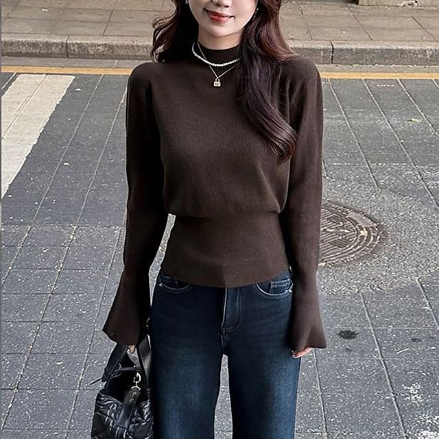 CRIBI-Long-Sleeve Mock Neck Plain Knit Top