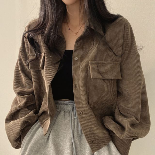 CRIBI-Long-Sleeve Pocketed Plain Crop Shirt