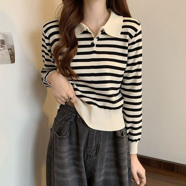 CRIBI-Long-Sleeve Striped Knit Polo Top