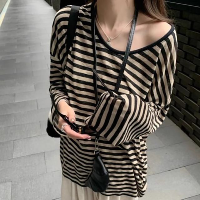 CRIBI-Long-Sleeve V-Neck Striped T-Shirt