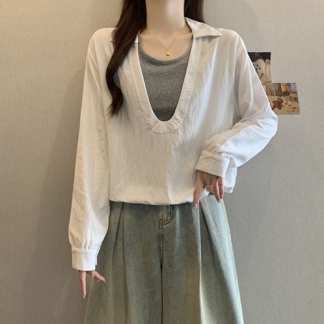 CRIBI-Mock Two-Piece Long-Sleeve Collared Two Tone Blouse