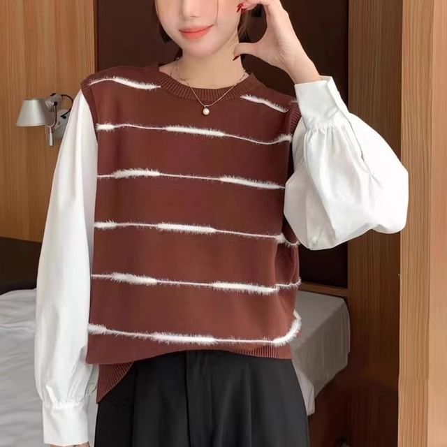 CRIBI-Mock Two-Piece Long-Sleeve Striped Knit Top