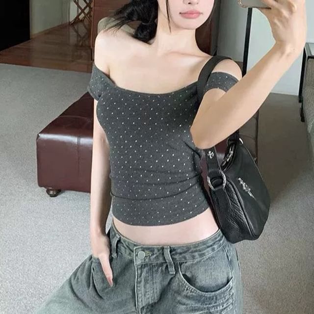 CRIBI-Off Shoulder Dotted Crop Top