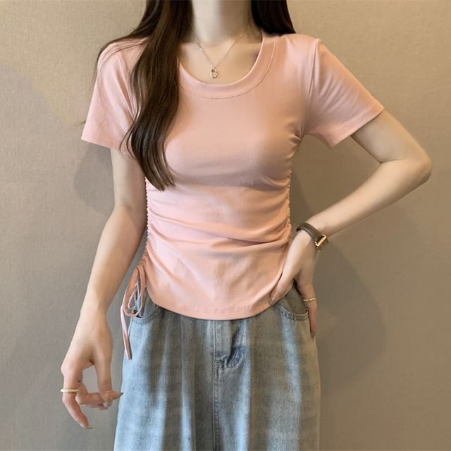 CRIBI-Short-Sleeve Round Neck Plain Drawstring T-Shirt