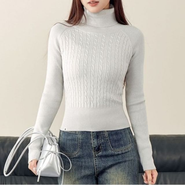 CRIBI-Turtleneck Plain Cable-Knit Sweater