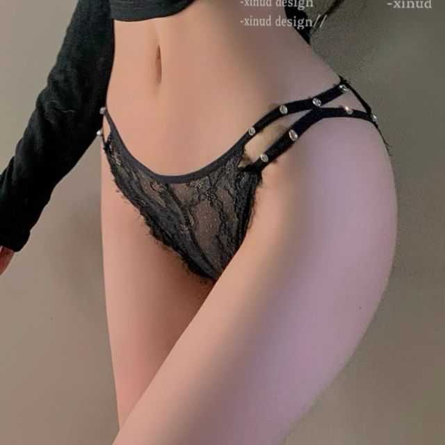 Croix-Rhinestone Cutout Lace Bikini Panty