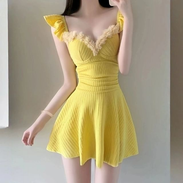 CUCURBIT-Cap-Sleeve Ruffle Trim Swim Dress