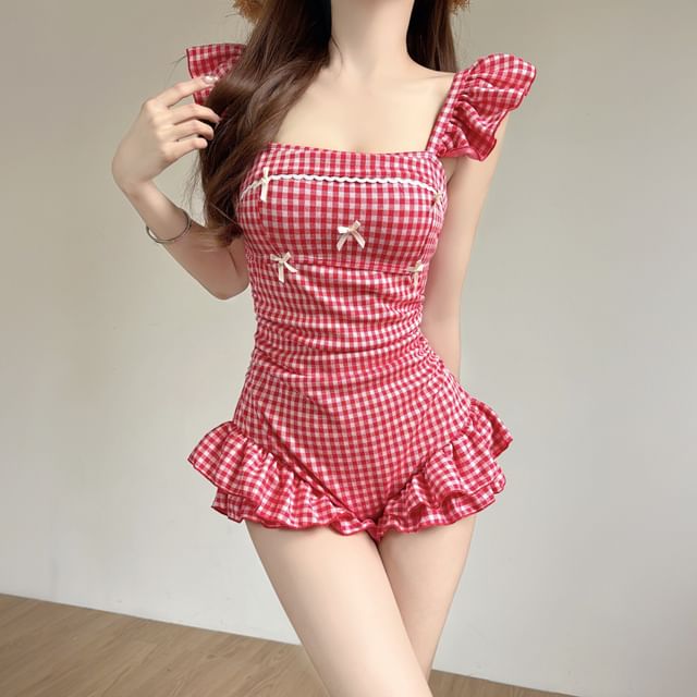 CUCURBIT-Cap-Sleeve Square Neck Gingham Ruffle Trim Swimsuit