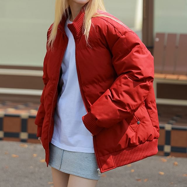 CUCURBIT-Couple Matching Mock Neck Zip-Up Plain Puffer Jacket