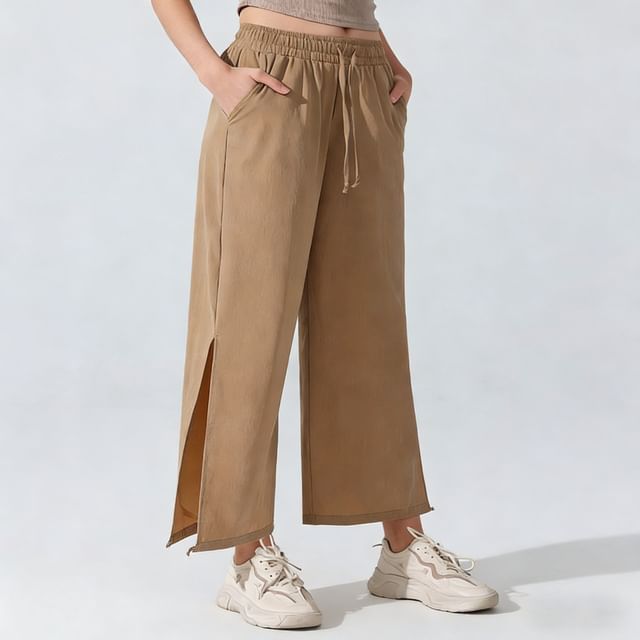 CUCURBIT-Drawstring Waist Plain Slit Cropped Wide Leg Sweatpants