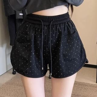CUCURBIT-Drawstring Waist Rhinestone Sweat Shorts