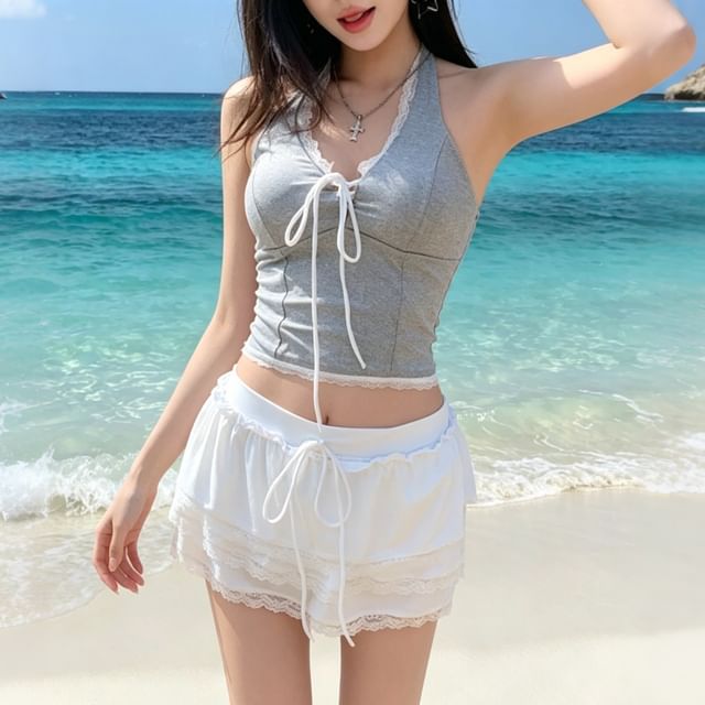 CUCURBIT-Halter-Neck Lace Trim Bow Tankini Set