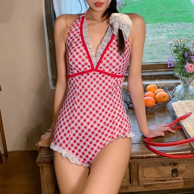 CUCURBIT-Halter Plaid Panel Lace Swimsuit