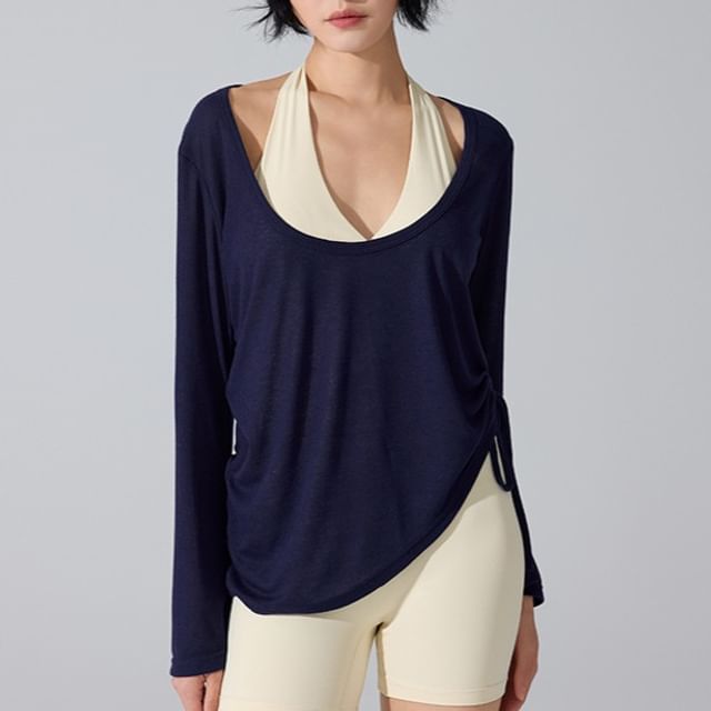 CUCURBIT-Long-Sleeve Scoop Neck Plain Asymmetrical Drawstring Sheer Sports T-Shirt