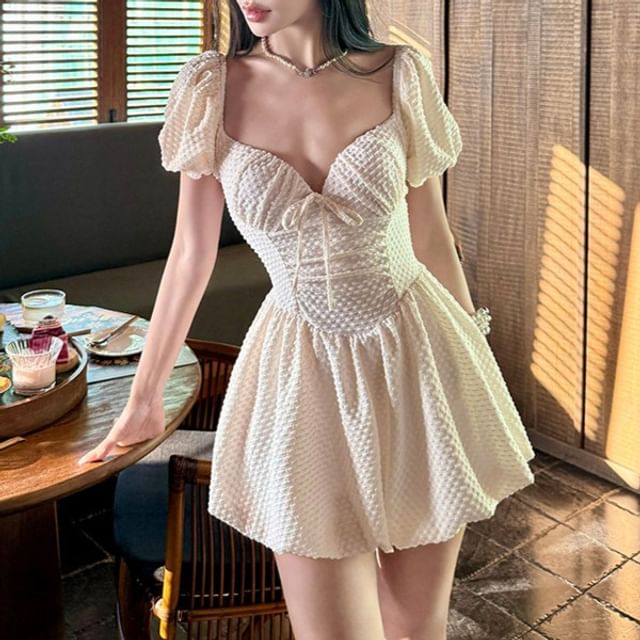 CUCURBIT-Off-Shoulder Plain Drawstring Swimdress
