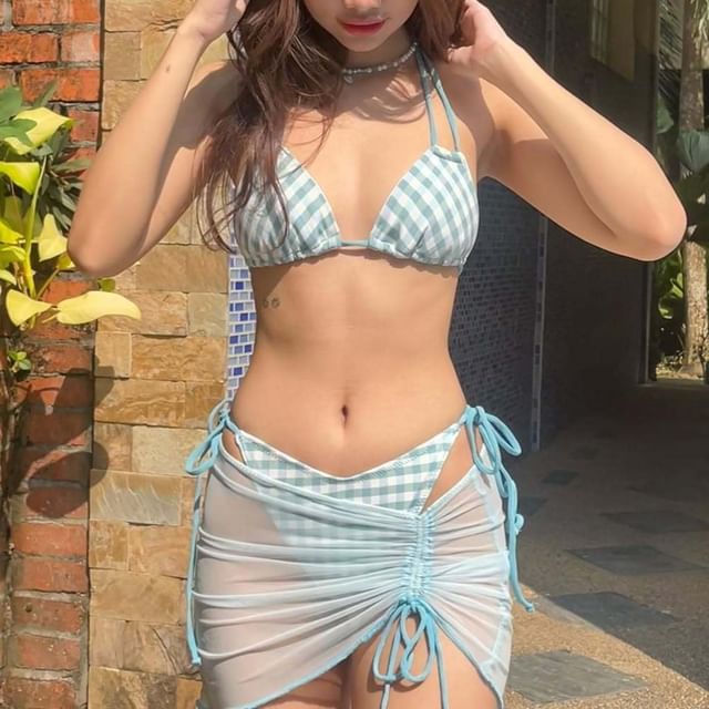 CUCURBIT-Set Halter Gingham Bikini Top Bottom Drawstring Cover Up Skirt