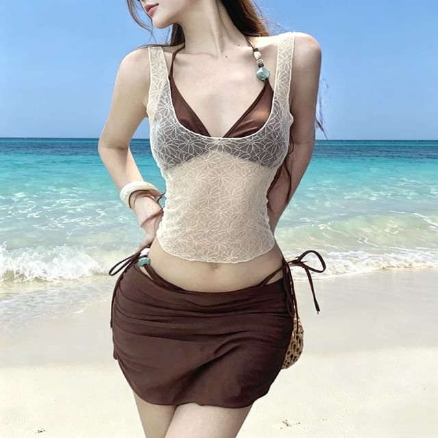 CUCURBIT-Set Halter-Neck Plain Bead Bikini Drawstring Cover-Up Skirt Cover-Up Top