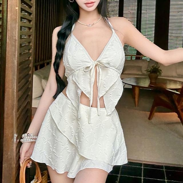 CUCURBIT-Set Halter-Neck Plain Tie-Front Bikini Cover-Up