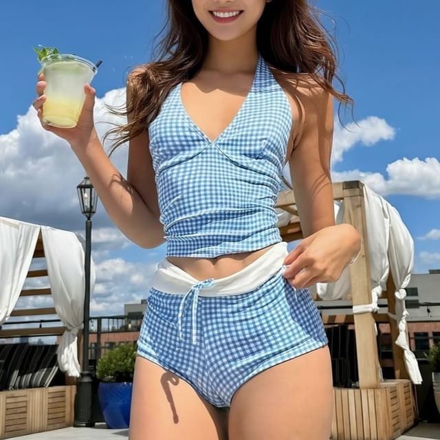 CUCURBIT-Set Halter Plaid Swim Top Panel Bottom