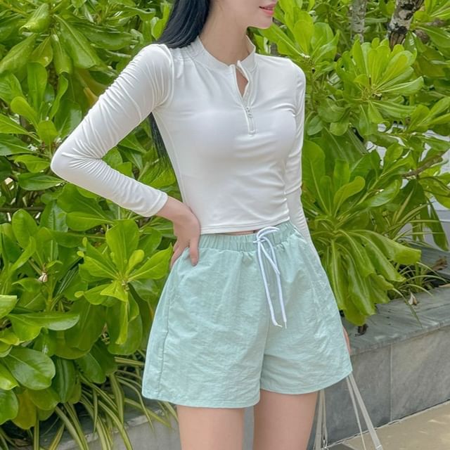 CUCURBIT-Set Long Sleeve Mock Neck Plain Half Zip Rash Guard Drawstring Waist Shorts