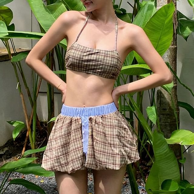CUCURBIT-Set Plaid Bikini Swim Skirt