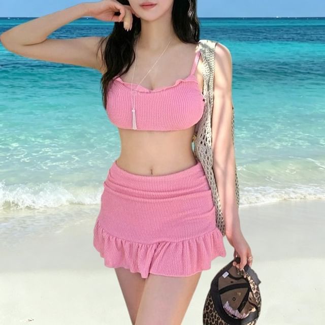CUCURBIT-Set Plain Ribbed Bikini Top Ruffle Swim Skirt