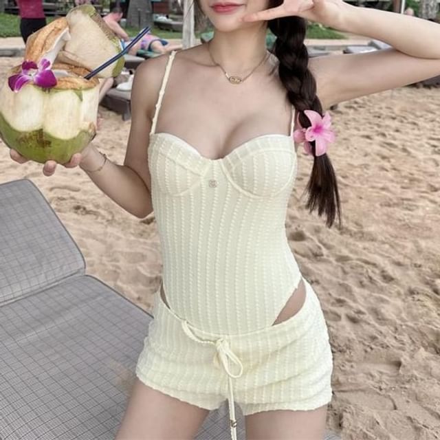 CUCURBIT-Set Plain Ribbed Swimsuit Shorts